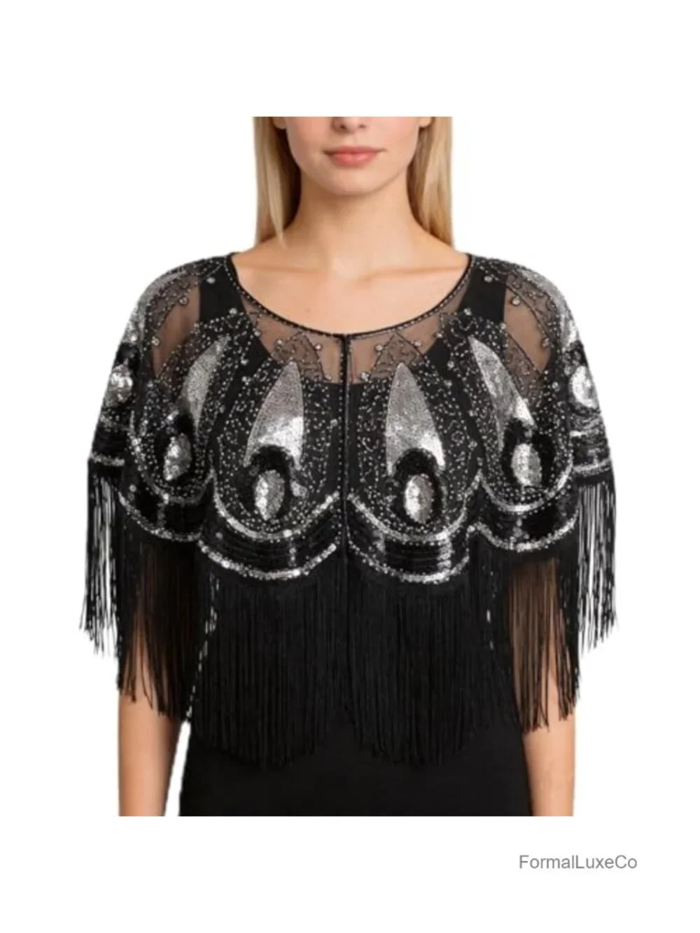 1920s Sequin Beaded Flapper Shawl Wrap Vintage Fringe Evening Party Cover Up